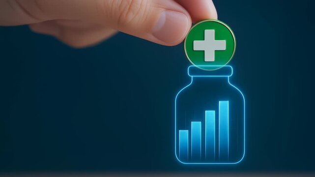 Time value retirement concept with hand holding medical coin above glowing jar and rising bar chart symbolizing health investment growth