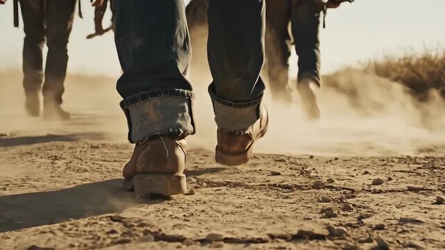 People walking on a dusty road in the desert low angle shot.