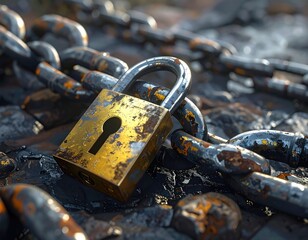 Old padlock on a rusty chain closeup