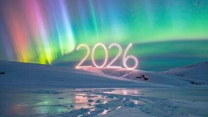 New year 2026 glowing text with colorful aurora borealis