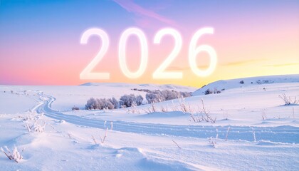 Snowy winter landscape with year 2026 in the sky