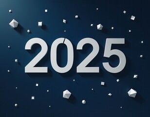 2025 year in white letters with geometric shapes on blue