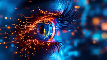 Futuristic eye with digital circuit board technology concept for ai and cyber security design