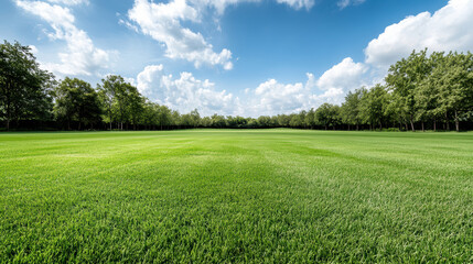 Obraz premium Green grass field under blue sky with clouds and tree line, tranquil open landscape