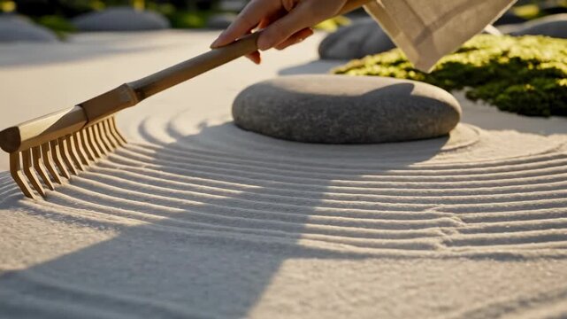 Cinematic close-up of a rake slowly creating perfect, parallel lines in fine white sand within a minimalist zen garden setting sand texture, purity, relaxation