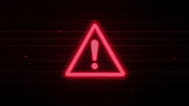Red warning sign with exclamation point digital glitch effect for security alert danger and error concept
