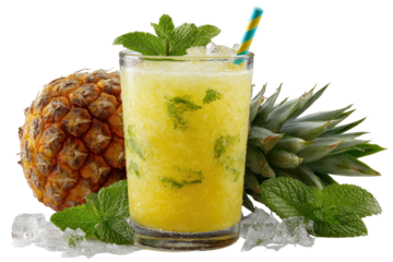 Tropical Refreshment: A refreshing pineapple juice drink with a straw, adorned with mint leaves and ice, alongside a ripe pineapple.