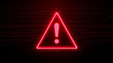 Red neon warning sign triangle with exclamation point on black background danger alert security breach