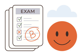 Exam result sheet with tick marks, cross mark, and a B grade, adjacent to a cheerful face and cloud. Ideal for education, evaluation, success, performance motivation feedback study themes. Simple