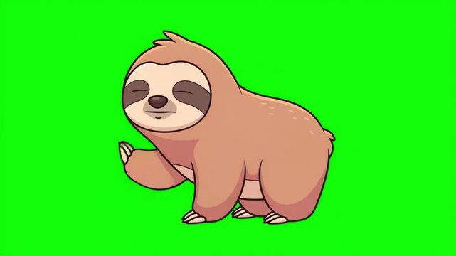Cute Cartoon Sloth Character Waving Hand and Smiling Loop on Green Screen Chroma Key Background for Kids