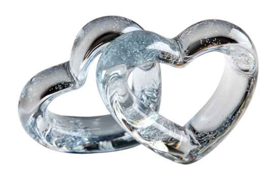 Intertwined Glass Hearts: Two transparent glass hearts interlock in a delicate embrace, symbolizing love, connection, and eternal bonds. The crystal-clear forms glisten.