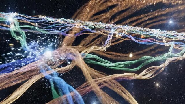 Cinematic rendering of interwoven subatomic threads oscillating in perfect quantum harmony across a boundless cosmic void structure glow, science, flowing