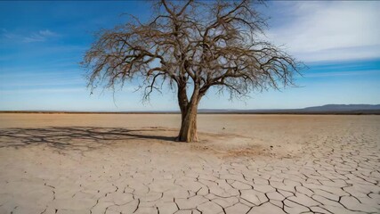 Dramatic lone tree stands resilient in cracked desert landscape under vast blue sky, conveying solitude - Powered by Adobe