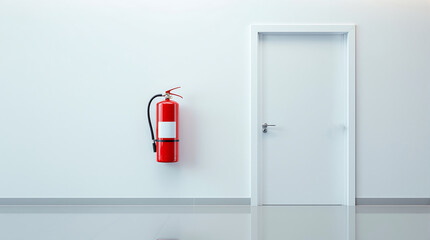 Obraz premium Fire extinguisher safety equipment red extinguisher white wall door emergency fire protection building interior