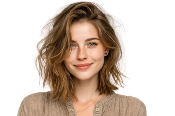 Portrait of serene woman :A stunning woman exudes serenity, her captivating gaze, and the natural beauty of her face create a moment of intimate connection. and highlights the person's unique charm.