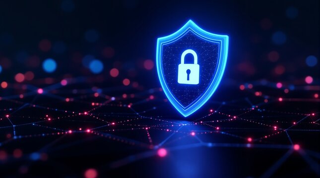 Cyber security shield padlock protection digital technology network data safety concept design background