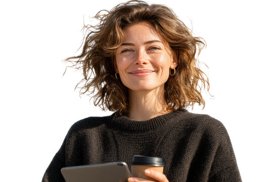 Radiant Solitude: A serene woman, her face illuminated by a gentle smile, cradles a warm beverage and a digital tablet, embodying a moment of quiet contemplation and technological integration.