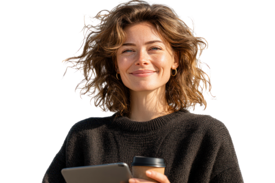 Radiant Solitude: A serene woman, her face illuminated by a gentle smile, cradles a warm beverage and a digital tablet, embodying a moment of quiet contemplation and technological integration.