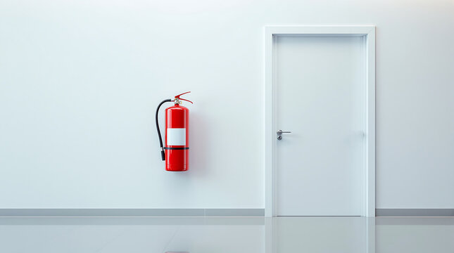 Fire extinguisher safety equipment red extinguisher white wall door emergency fire protection building interior