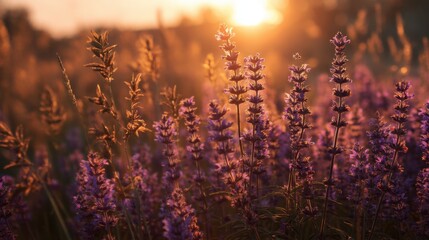 A beautiful field of purple flowers, with the sun shining brightly on them. The flowers are in full bloom, creating a vibrant and colorful scene. The sun's rays are casting a warm glow on the flowers
