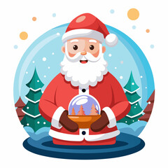 Cute Santa Claus Holding a Magical Snow Globe with Winter Pine Trees Inside, Christmas Holiday Vector Illustration for Greeting Cards and Websites.