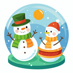 Cheerful Snowman Duo in a Magical Snow Globe: Perfect Cute Vector Graphic for Festive Christmas Cards, Winter Banners, and Holiday Decorations