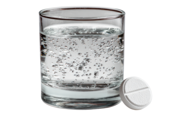 Effervescent Tablet in Glass: A fizzy tablet poised beside a glass of pure, sparkling water, capturing a moment of anticipation, freshness, and the promise of wellness. 