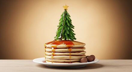 Festive stack of golden pancakes topped with a miniature christmas tree and syrup