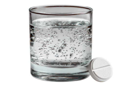 Effervescent Tablet in Glass: A fizzy tablet poised beside a glass of pure, sparkling water, capturing a moment of anticipation, freshness, and the promise of wellness. 