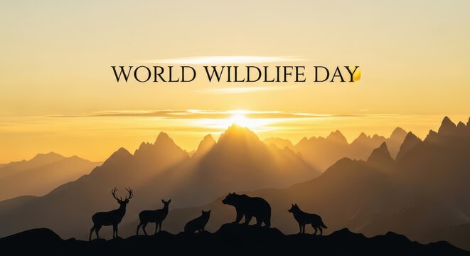 Silhouette of various wild animals including a deer, bear, and wolf against a dramatic mountain sunset backdrop, celebrating world wildlife day - Powered by Adobe