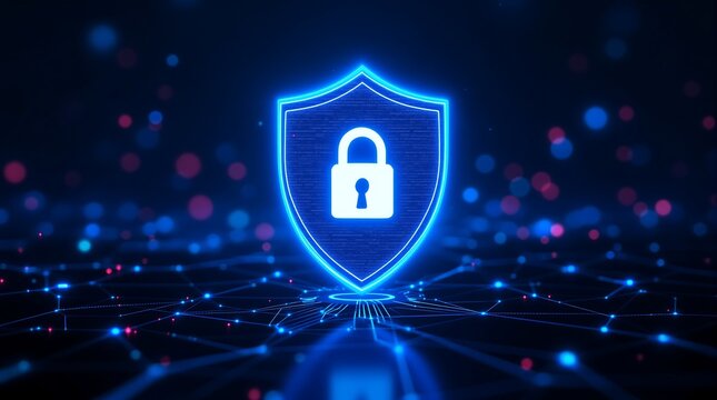 Cyber security concept with shield and padlock for data protection and network security online safety