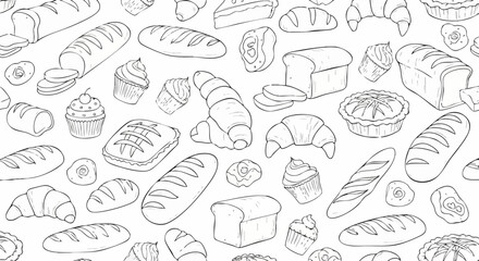 Hand drawn seamless pattern of various bakery products.
