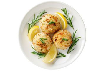 Overhead shot of three golden-brown, spherical appetizers on a white plate with lemon and herb garnish
