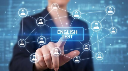 Young girl using virtual touch screen presses the words ENGLISH TEST. English Learning and Testing concept new