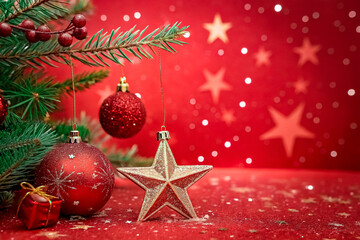 Festive Christmas ornaments and a fir branch against a sparkling red backdrop.