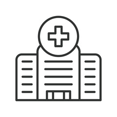 Obraz premium Hospital building, icon in line design. hospital, medical center, clinic, public health, emergency, healthcare, treatment on white background vector. Hospital building editable stroke icon