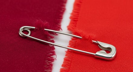 Silver safety pin clasps together two ripped pieces of vibrant red fabric