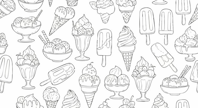 Ice Cream Assortment Seamless Pattern - Delicious Dessert Collection in Black and White.