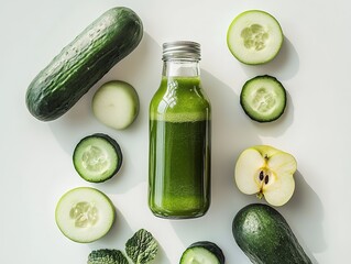 Top-down shot of a green juice bottle with apple and cucumber slices on white background, natural light and no text, ideal for healthy drink advertising, vegan recipe blogs, and packaging concepts.