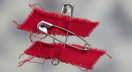 Two bright red fabric swatches held together by silver safety pins against a blurred background