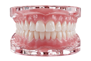 Dentures on Display: A close-up studio shot showcases a set of perfectly aligned dentures. These teeth rest upon a transparent display. A symbol of dental care, aesthetic, and health. 