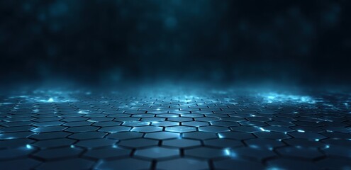 Abstract hexagonal geometric pattern with glowing blue and orange lights on dark background. Futuristic technology concept representing network connections and digital innovation. 3D rendered design 