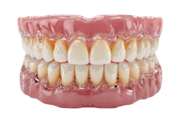 Dentures: A close-up view of a set of perfectly aligned dentures, showcasing the intricate detail and realistic appearance of each artificial tooth and gum. 