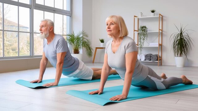 Un couple de seniors pratique le yoga &agrave; domicile, r&eacute;alisant la posture du cobra sur des tapis dans une pi&egrave;ce lumineuse et &eacute;pur&eacute;e