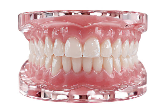Dentures on Display: A close-up studio shot showcases a set of perfectly aligned dentures. These teeth rest upon a transparent display. A symbol of dental care, aesthetic, and health. 