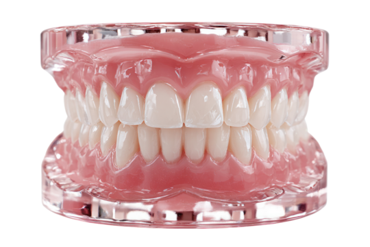 Dentures on Display: A close-up studio shot showcases a set of perfectly aligned dentures. These teeth rest upon a transparent display. A symbol of dental care, aesthetic, and health. 
