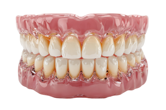 Dentures: A close-up view of a set of perfectly aligned dentures, showcasing the intricate detail and realistic appearance of each artificial tooth and gum. 