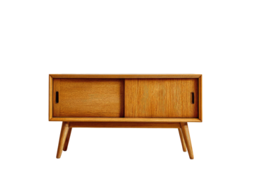 A retro wooden cabinet with sliding doors and tapered legs, against a black background