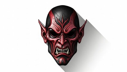 Naklejka premium Dark Fantasy Demon Mask Illustration with Red Tribal Details, Fierce Expression, and Dramatic Long Shadow on White Background