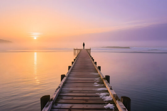 Lone figure stands at the end of a weathered wooden pier at sunrise over the ocean